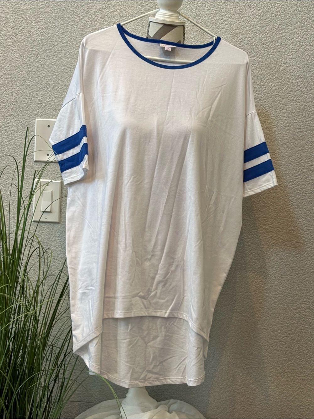 LuLaRoe Irma White Tee with Royal Blue Trim